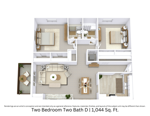 3D floor plan showing an angled perspective of the Two Bedroom Two Bath D layout with furniture arrangement across 1,044 Sq. Ft.